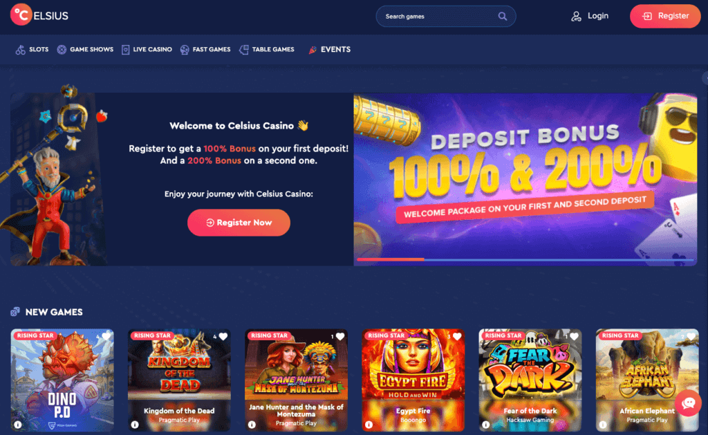 Forsiden til kryptocasinoet Celsius Casino