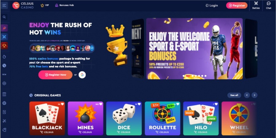 Celsiua Casino forside med bonus