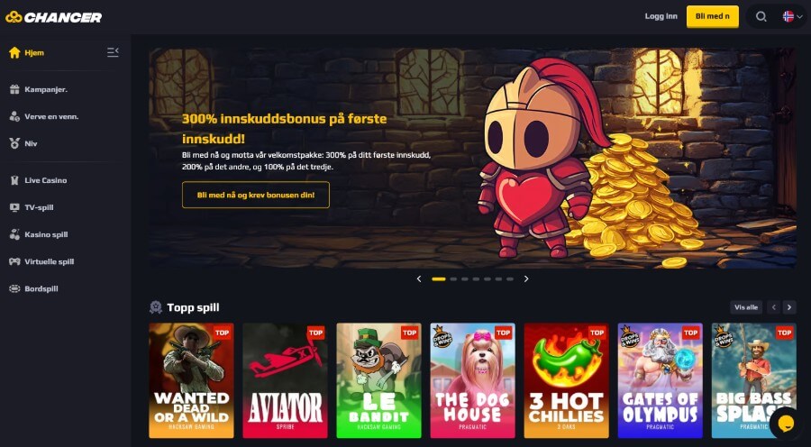 Forsiden til Chancer Casino som viser en spennende velkomstbonus