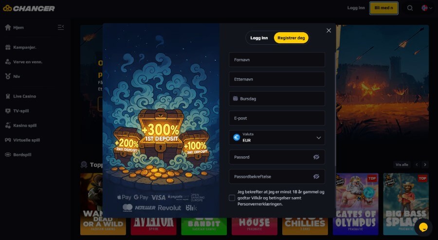 Det er enkelt og raskt å registrere en spillekonto hos Chancer Casino