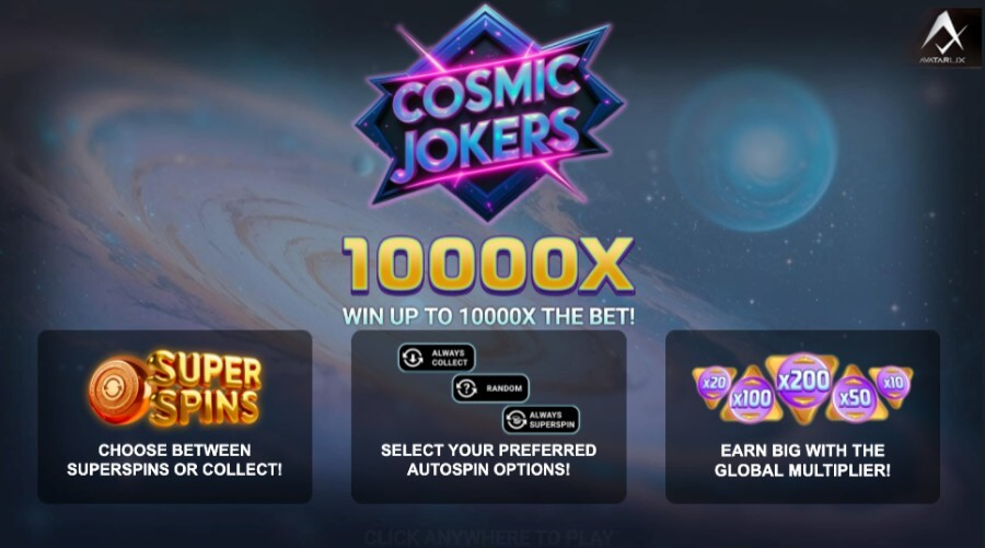 Introbilde på spilleautomaten Cosmic Jokers fra Avatar UX
