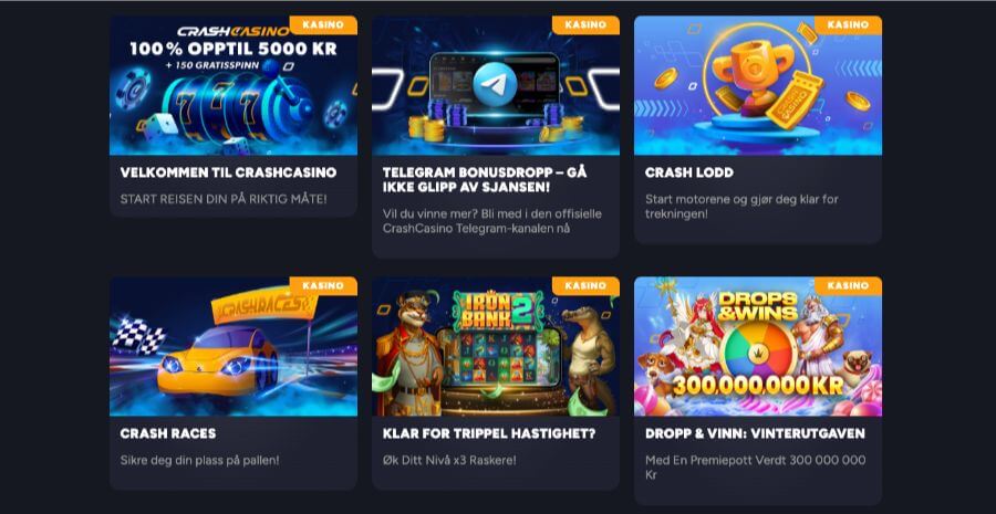 Kampanjesiden til CrashCasino inneholder flere tilbud