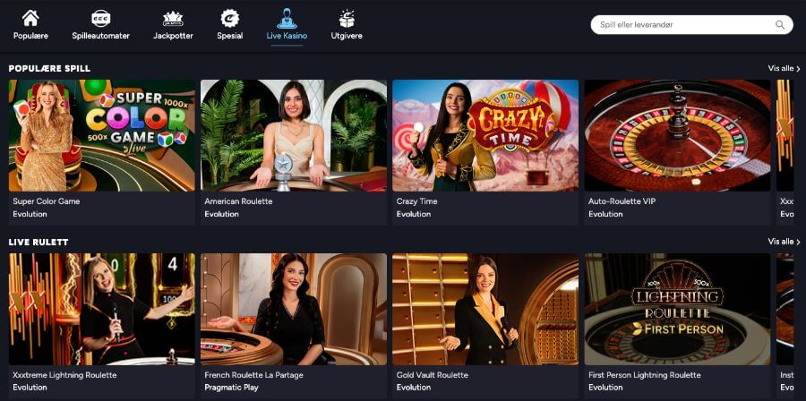 CrashCasino har et live casino med klassiske bordspill og live game show-spill