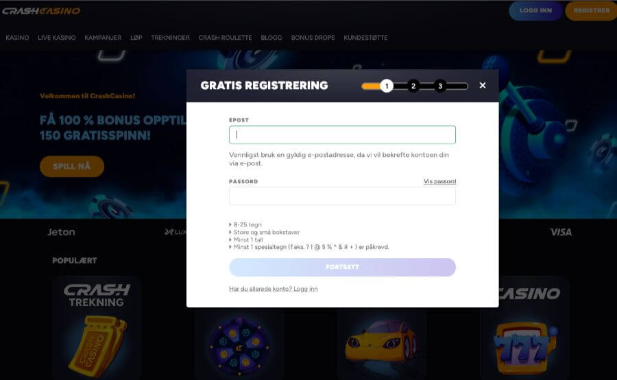 Registreringssiden til CrashCasino