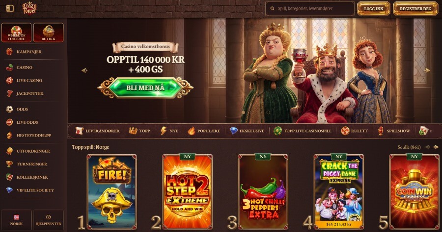 CrazyTower forside med bonus