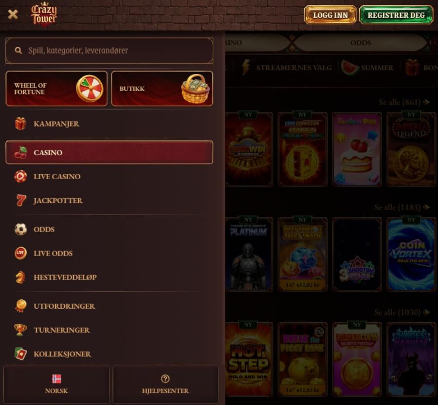 CrazyTower har et mobilcasino via nettleseren