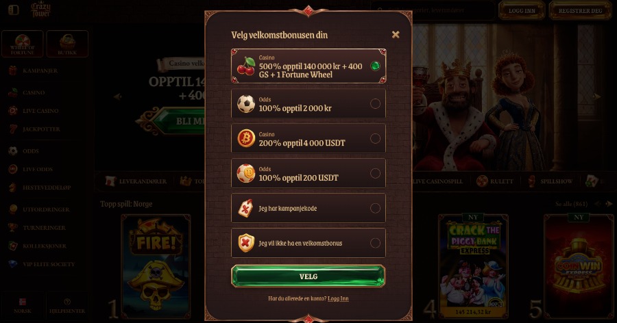 CrazyTower registreringsprosess