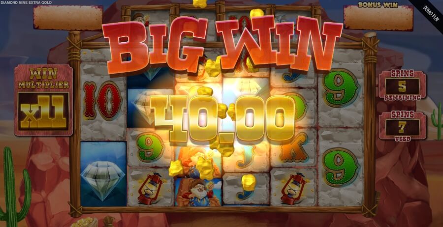 Et eksempel på en gevinst på spilleautomaten Diamond Mine Extra Gold Megaways