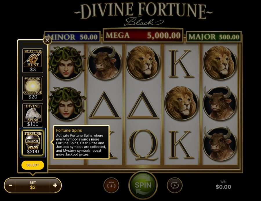 Elevate-funksjonen med bonus buy-funksjon på spilleautomaten Divine Fortune Black