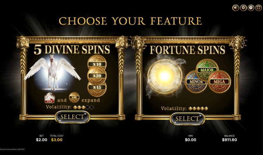 Valg av bonusspill på spilleautomaten Divine Fortune Black
