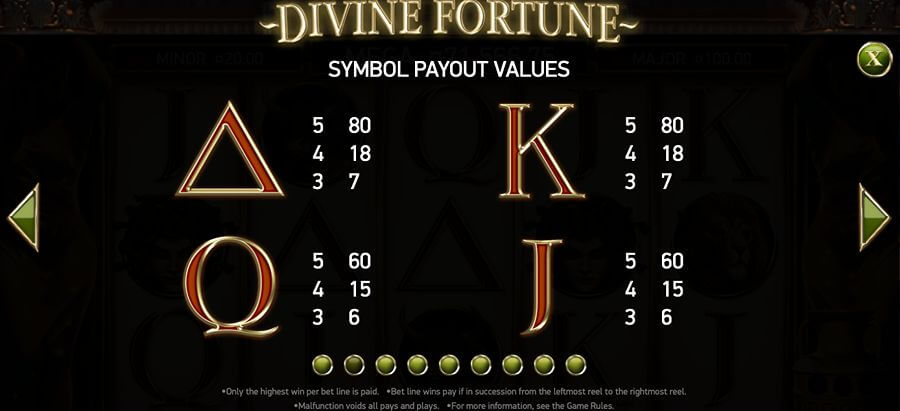 Divine Fortune symboler og utbetalinger - lave symboler