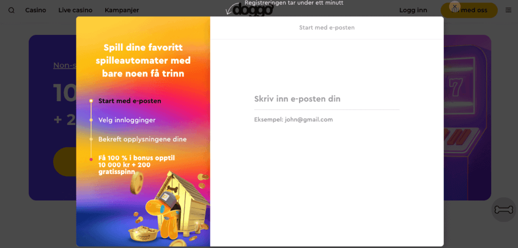 Registrering av en spillekonto hos Doggo Casino
