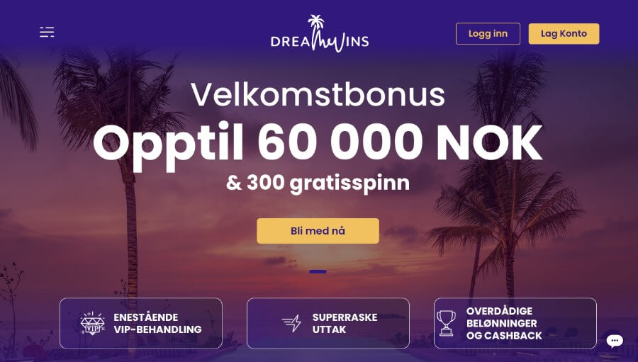 DreamWins har en fin forside og en gigantisk velkomstbonus med free spins