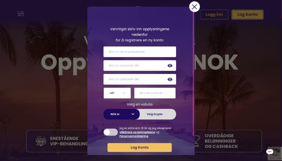 DreamWins har en enkel og rask registrering av en spillekonto