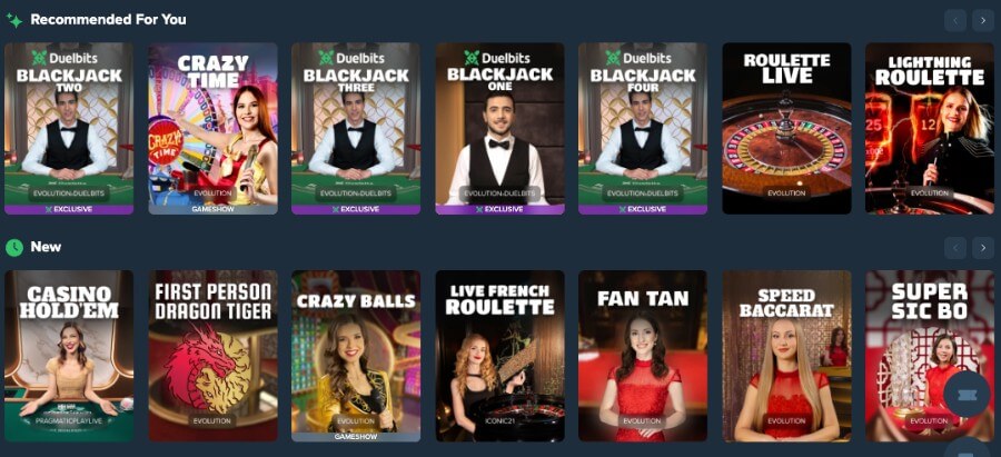 Duelbits har et live casino med klassiske bordspill og live game show-spill