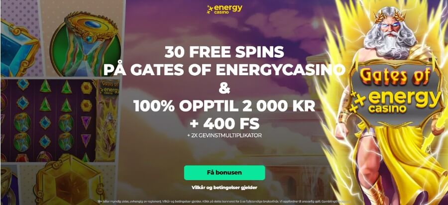 Energy Casino har en flott forside og en velkomstbonus med eksklusive free spins på spilleautomaten Gates of Energy Casino
