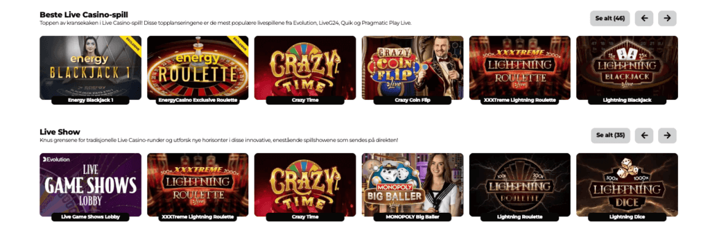 Live casino hos Energy Casino