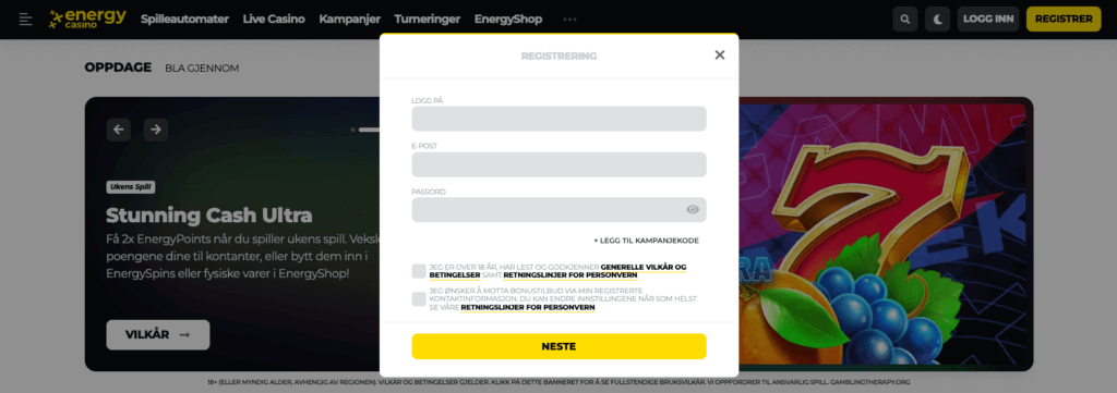 Registrering av en spillekonto hos Energy Casino