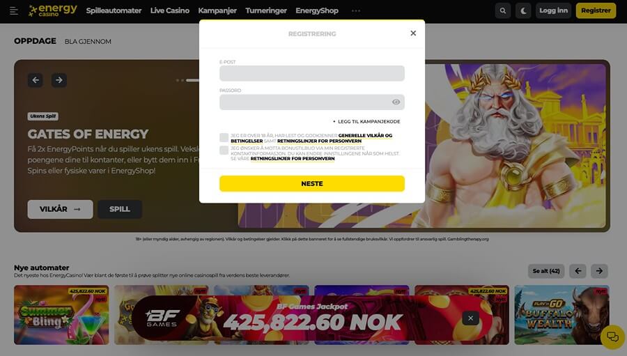 Energy Casino har en enkel og rask registreringsprosess