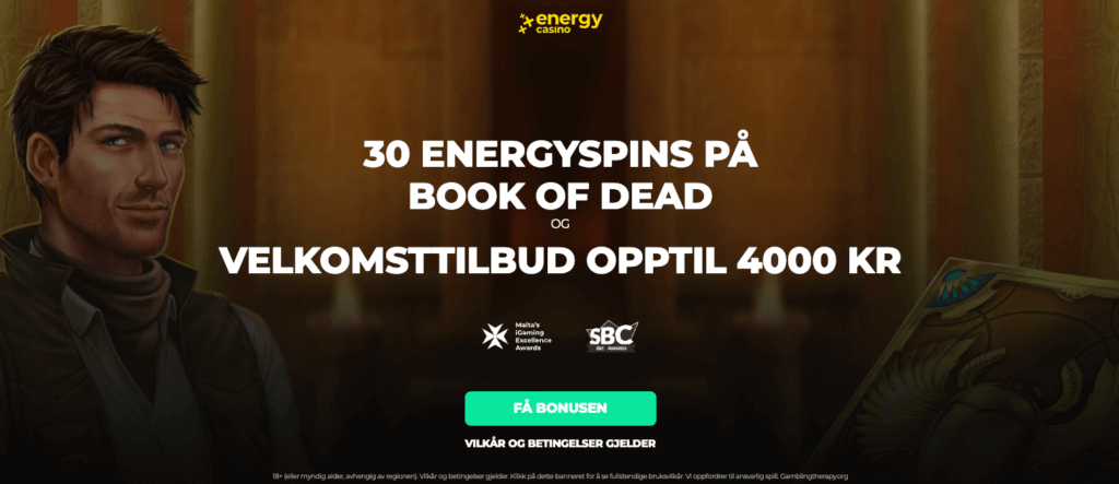 Energy Casino gir deg 30 free spins på spilleautomaten Book of Dead uten innskudd + opptil 4 000 kr i velkomstbonus