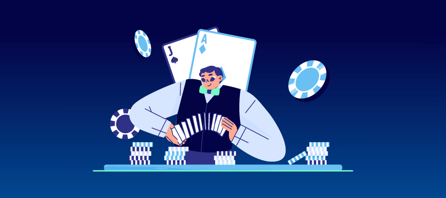 Et blackjack-bord med en dealer og kortverdien 21