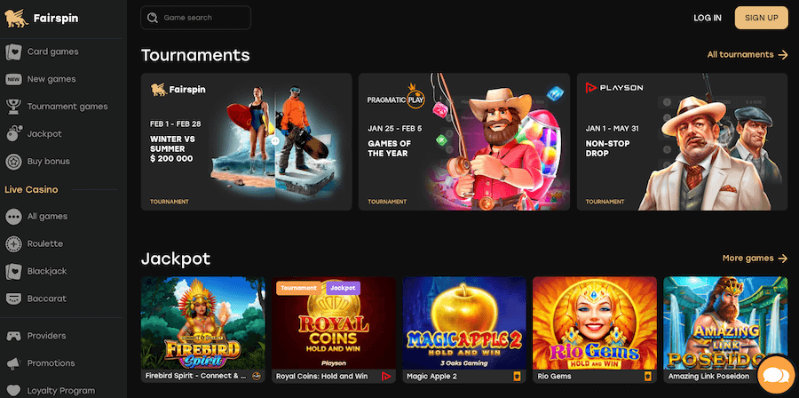 Forsiden til kryptocasinoet Fairspin.io