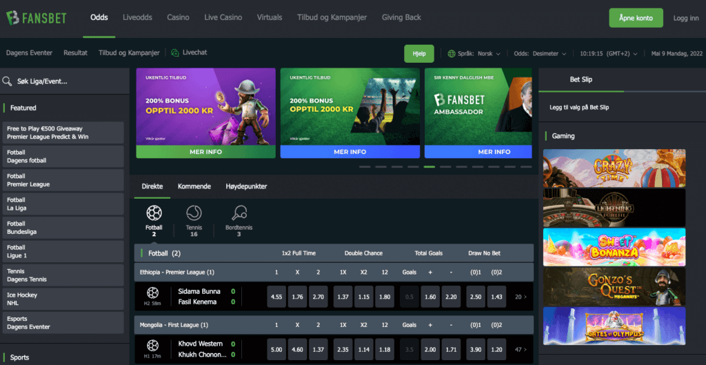 FansBet oddsside med oddstipping og liveodds