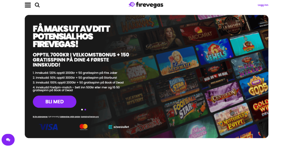 Forsiden til nettcasinoet FireVegas