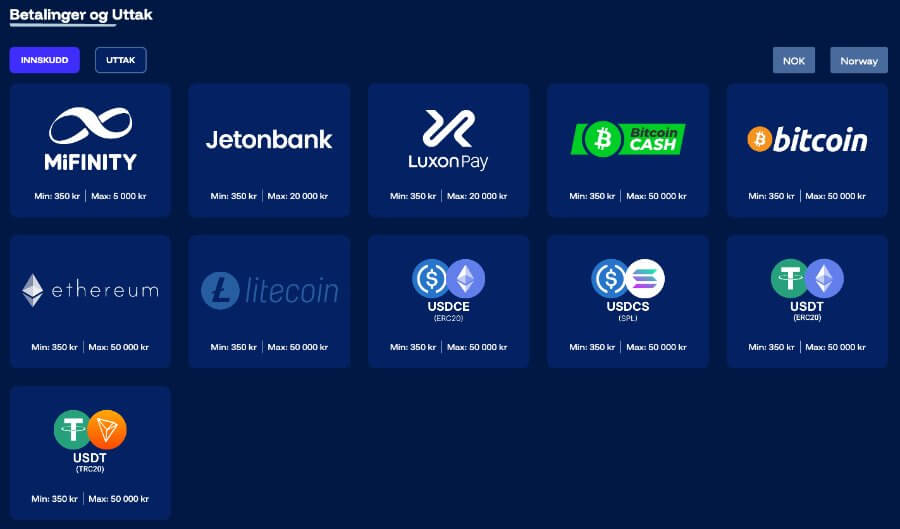 Oversikt over betalingsmetoder hos Frostybet