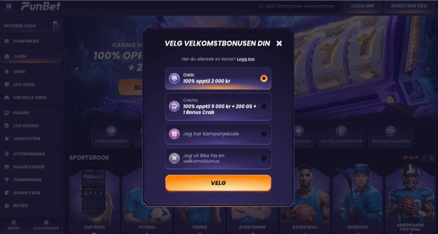 Registrering av en spillekonto hos FunBet