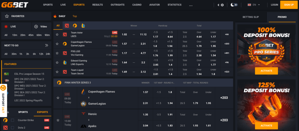 GGBet oddsside med esports og tipping