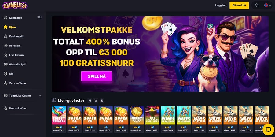 Gamblits har fin forside og en herlig velkomstbonus med free spins