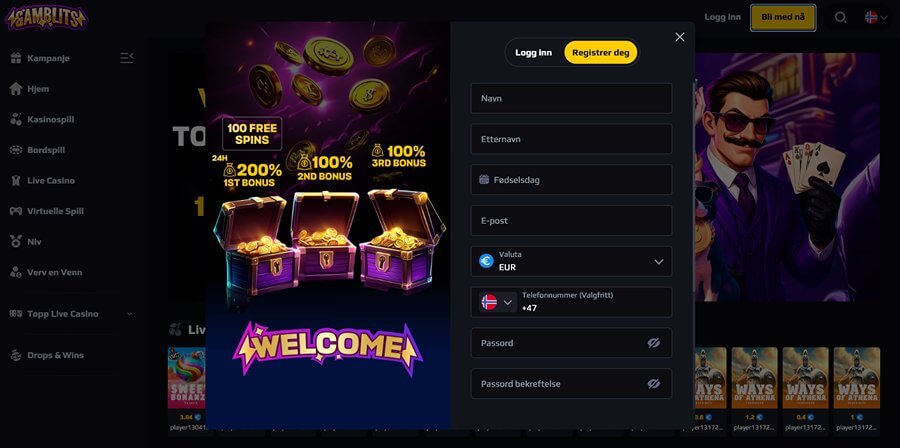 Gamblits har en enkel og rask registrering