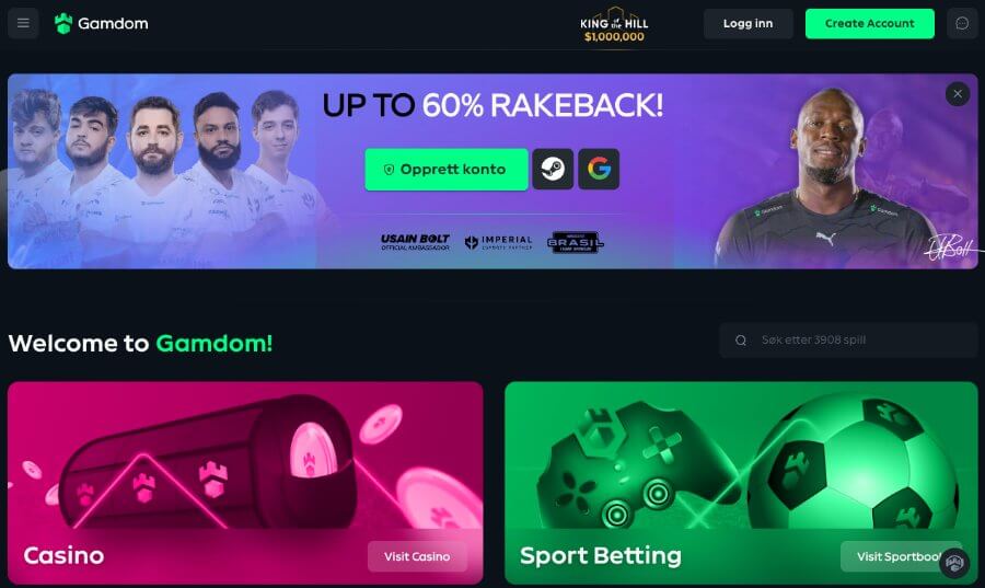 Forsiden til kryptocasinoet Gamdom