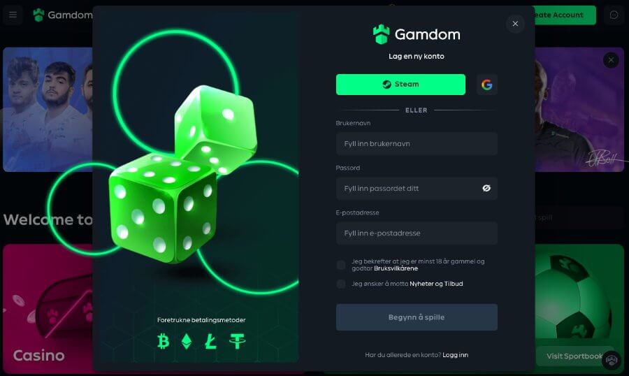 Registrering av en spillekonto hos Gamdom