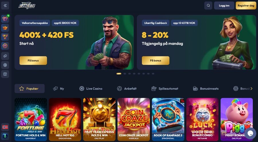 Gangsta Casino har en oversiktlig forside og en herlig velkomstbonus med free spins