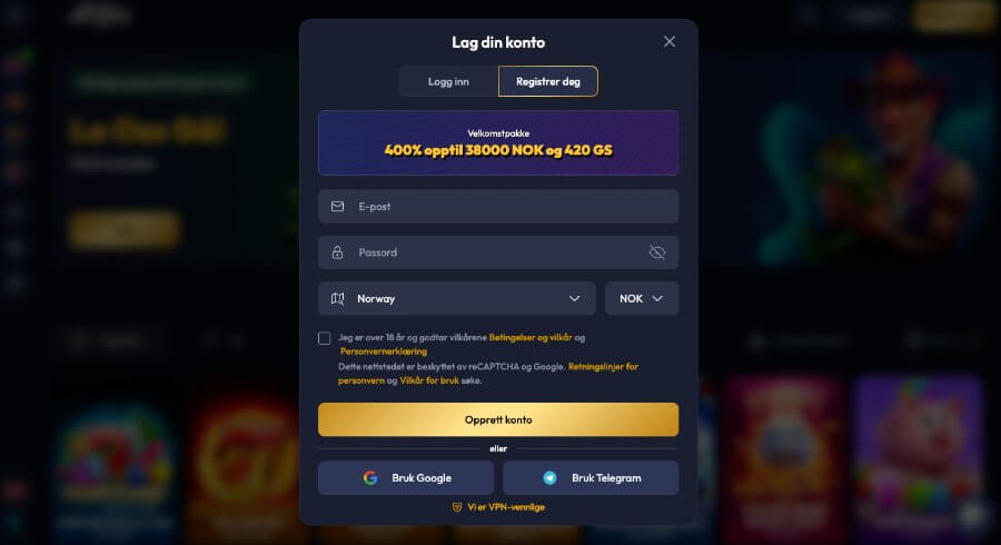 Det er raskt og enkelt å registrere en spillekonto hos Gangsta Casino