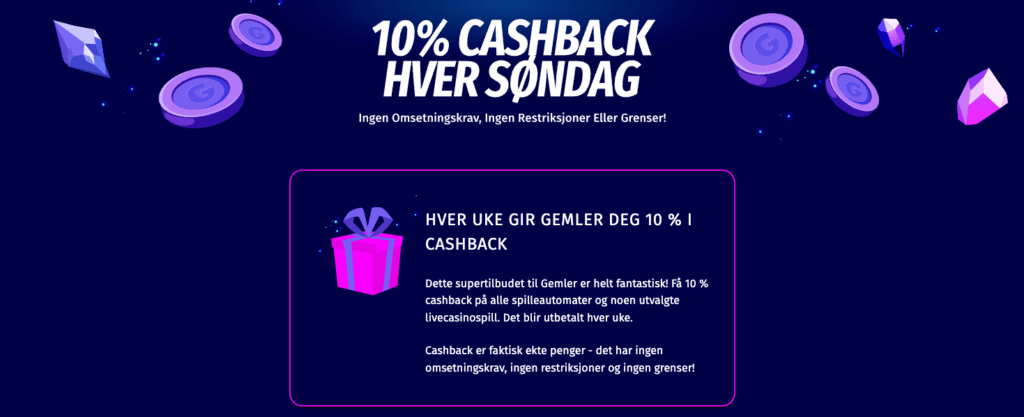 Ukentlig cashback på 10% hos Gemler casino