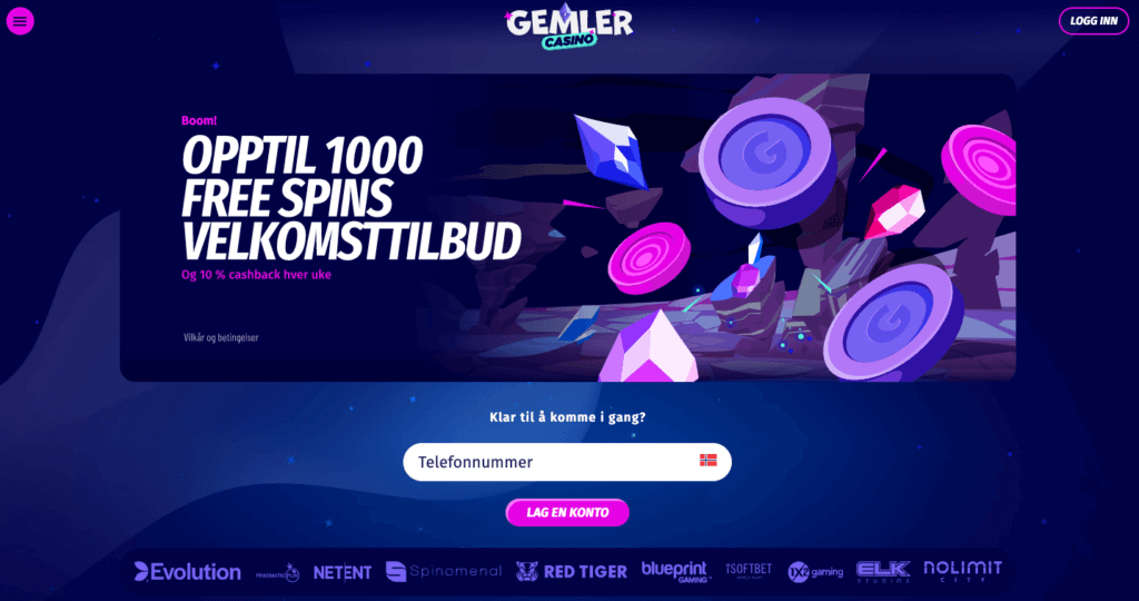 Velkomstbonus på 1 000 omsetningsfrie free spins hos Gemler