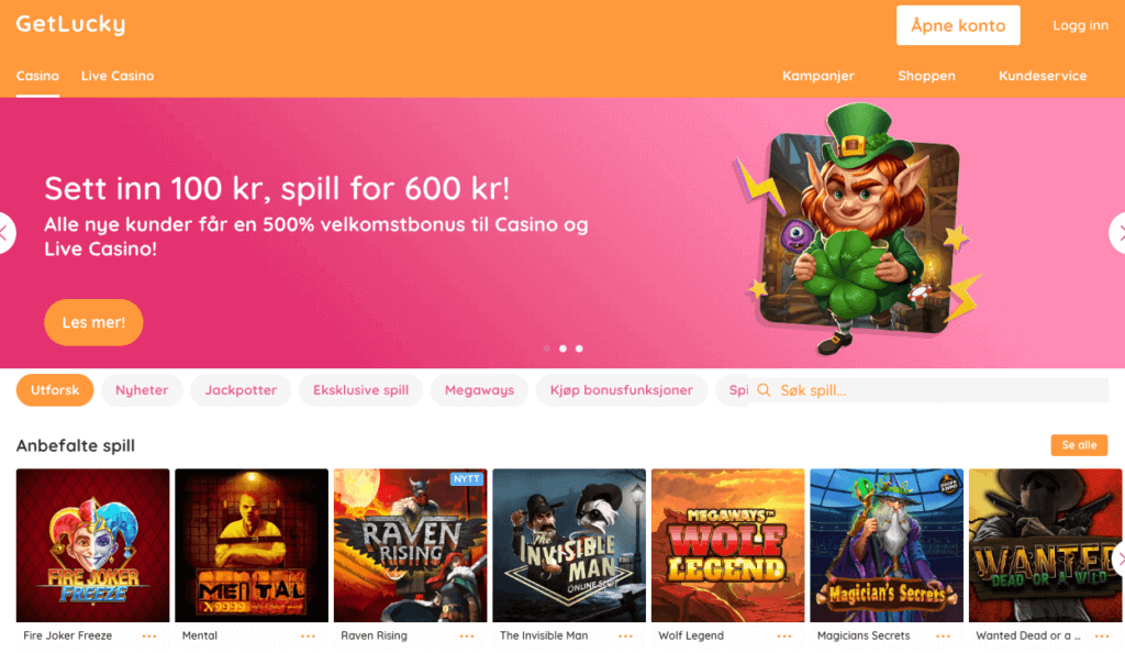 Forsiden til nettcasinoet Get Lucky Casino Get Lucky forside