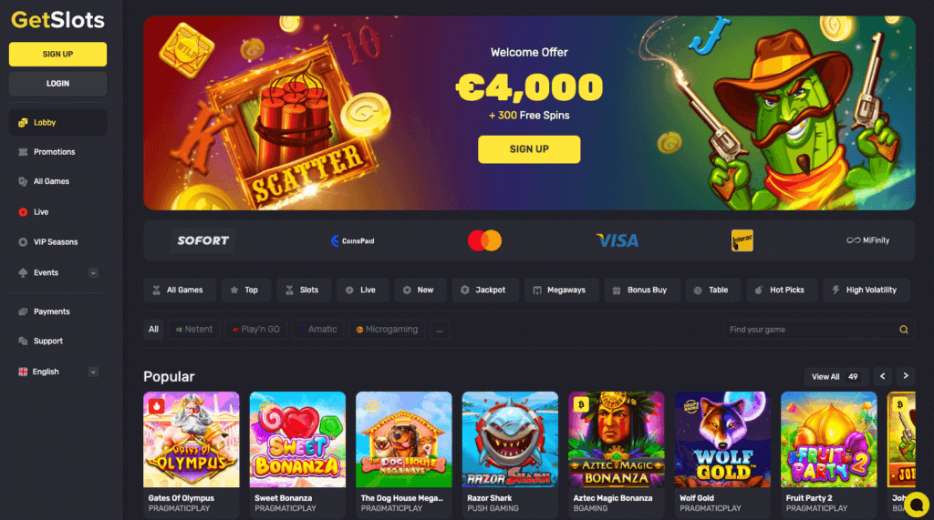 Forsiden av kryptocasinoet GetSlots