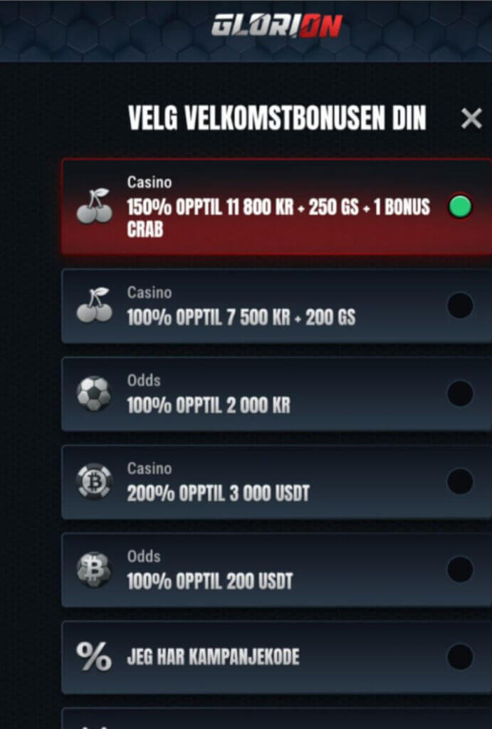 Glorion Velkomsttilbud NorgeKasino Eksklusivt tilbud