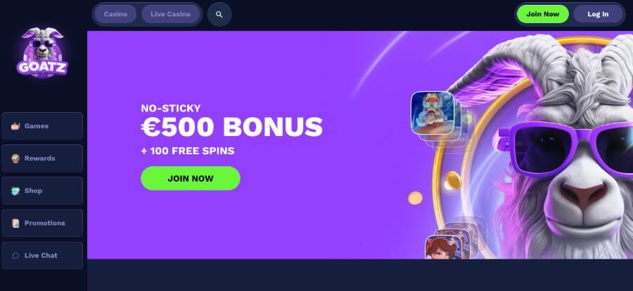 Goatz har en flott lilla forside med den kule geita og en herlig no-sticky velkomstbonus