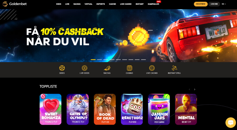 Forsiden til kryptocasinoet Goldenbet som har en velkomstbonus i tillegg til cashback