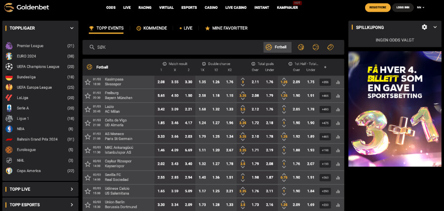 Goldenbet har også en oddsside med tipping på sport og esport