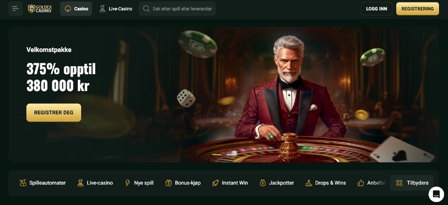 Goldex har en flott forside og en herlig velkomstpakke med flere bonuser