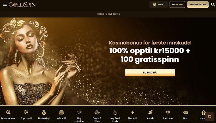 GoldSpin har en forside i gull og en heftig velkomstpakke