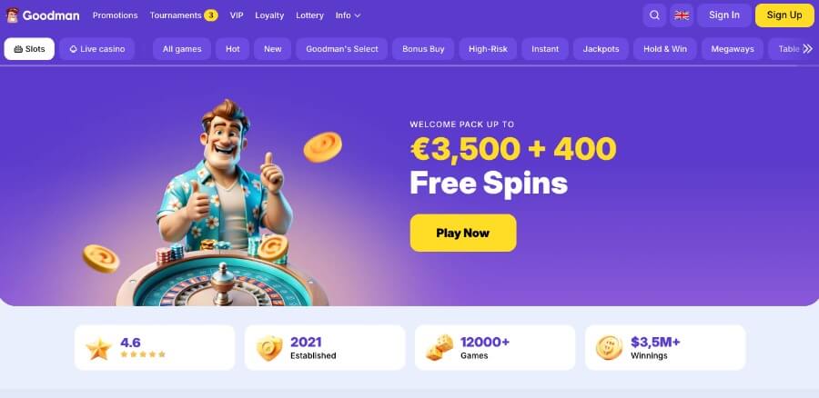 Goodman Casino forside med bonus