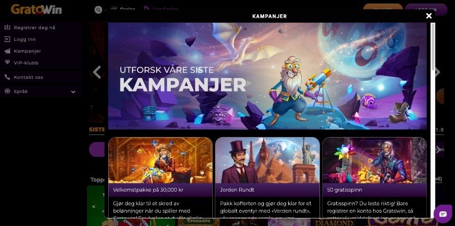 Gratowin har en kampanjeside med diverse tilbud