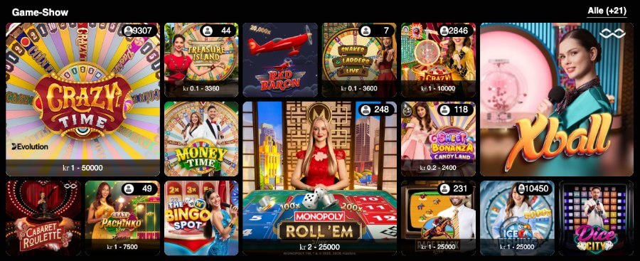 Gratowin har et live casino med bordspill og game show-spill
